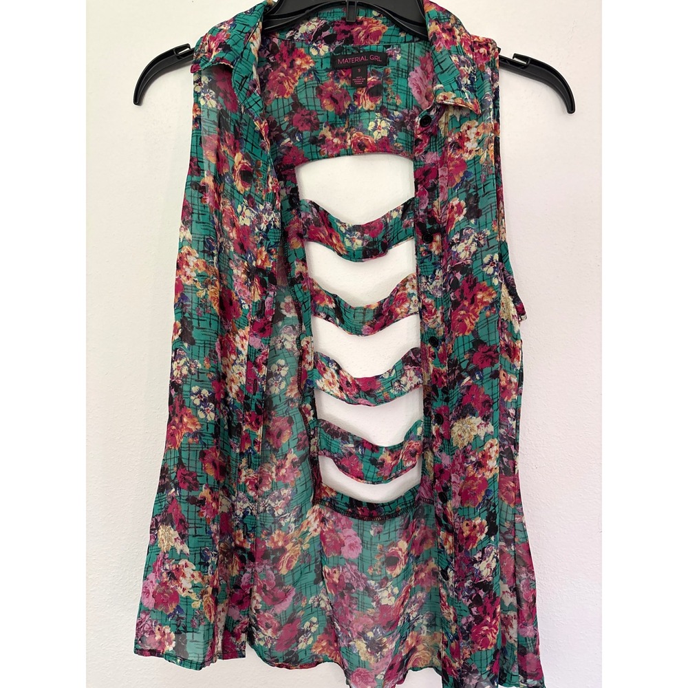Material Girl Sleeveless Top Womens Small Teal Floral Excellent Cutout Back